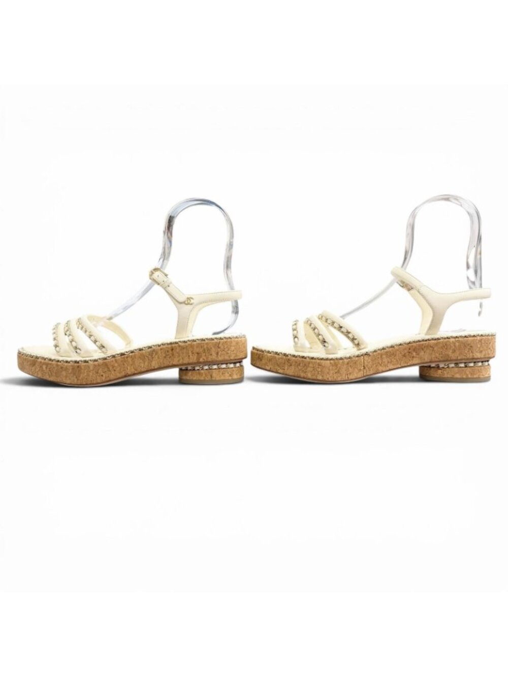 Chanel CC Logo Chain Strap Cork Sole Leather Sandals Ivory 38 Recommended - Picture 2 of 11